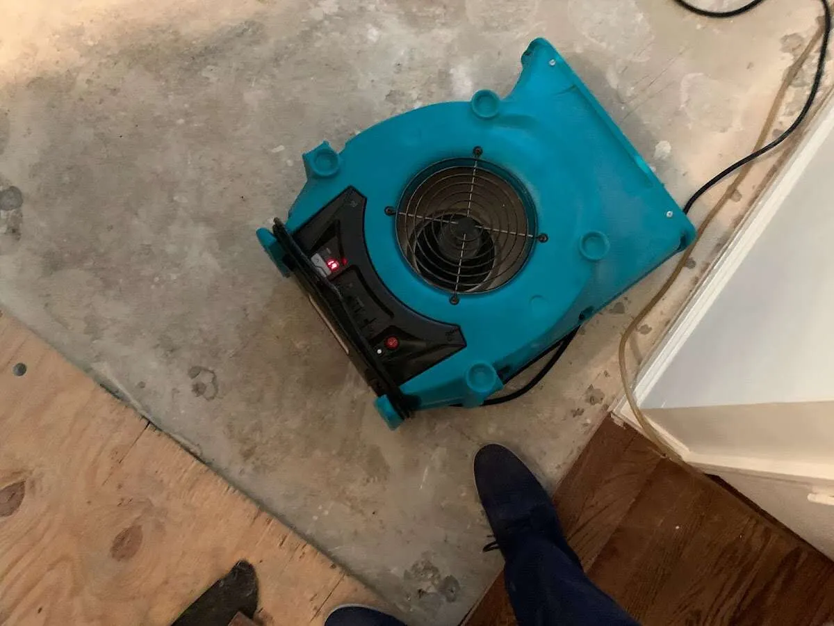 Air mover drying subfloor during Leak Detection & Repair in Emmett